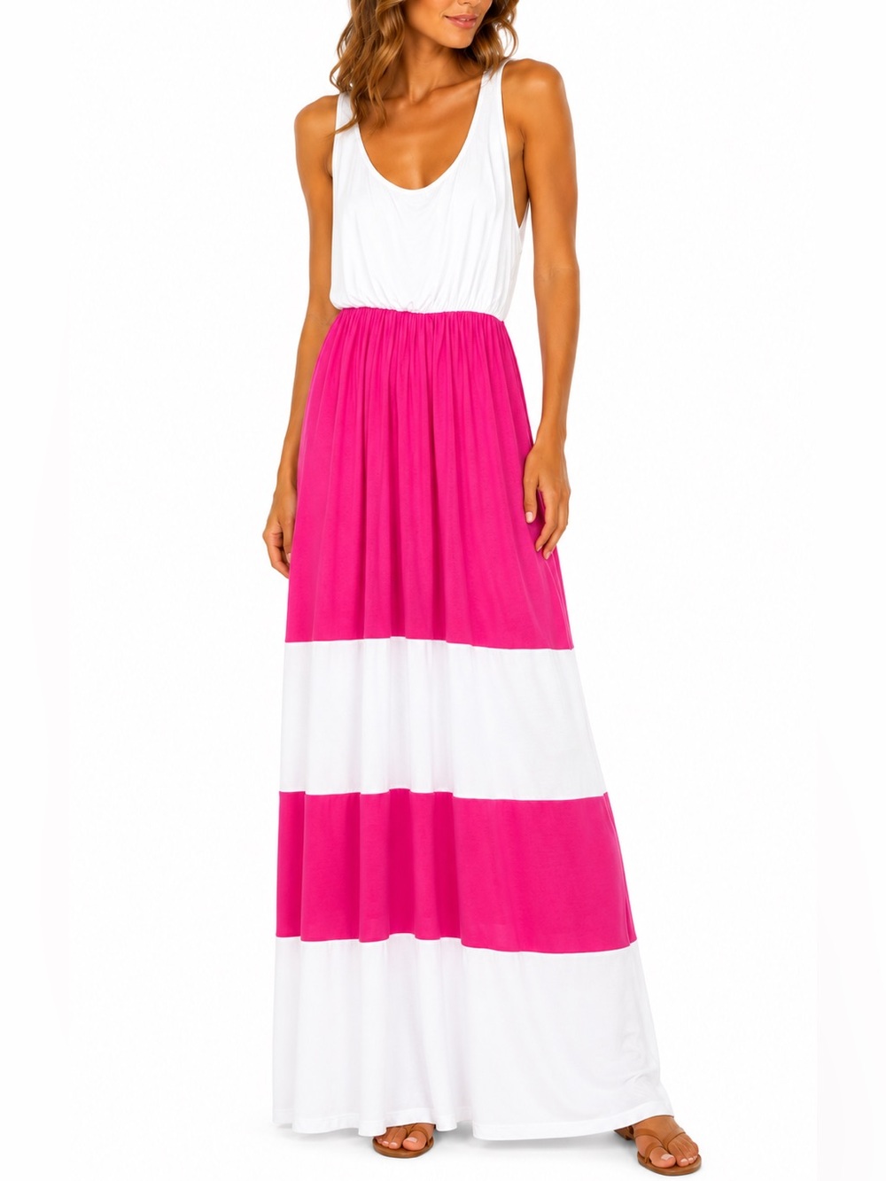 White & Hot Pink Colorblock Maxi Dress - Size Medium